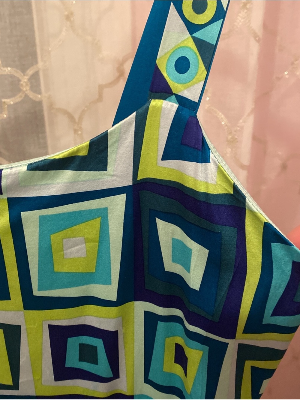 Geometric Square Print Silk Dress in Teal & Lime - Picture 2 of 8